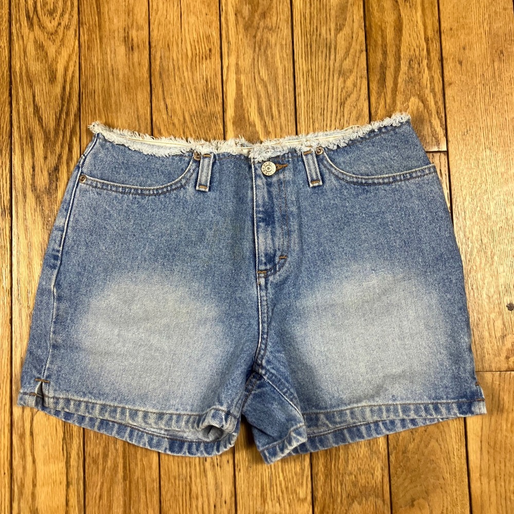 Faded Glory Vintage Denim Shorts Womens 4 Medium Stone Wash Raw Fringe Waist Y2K